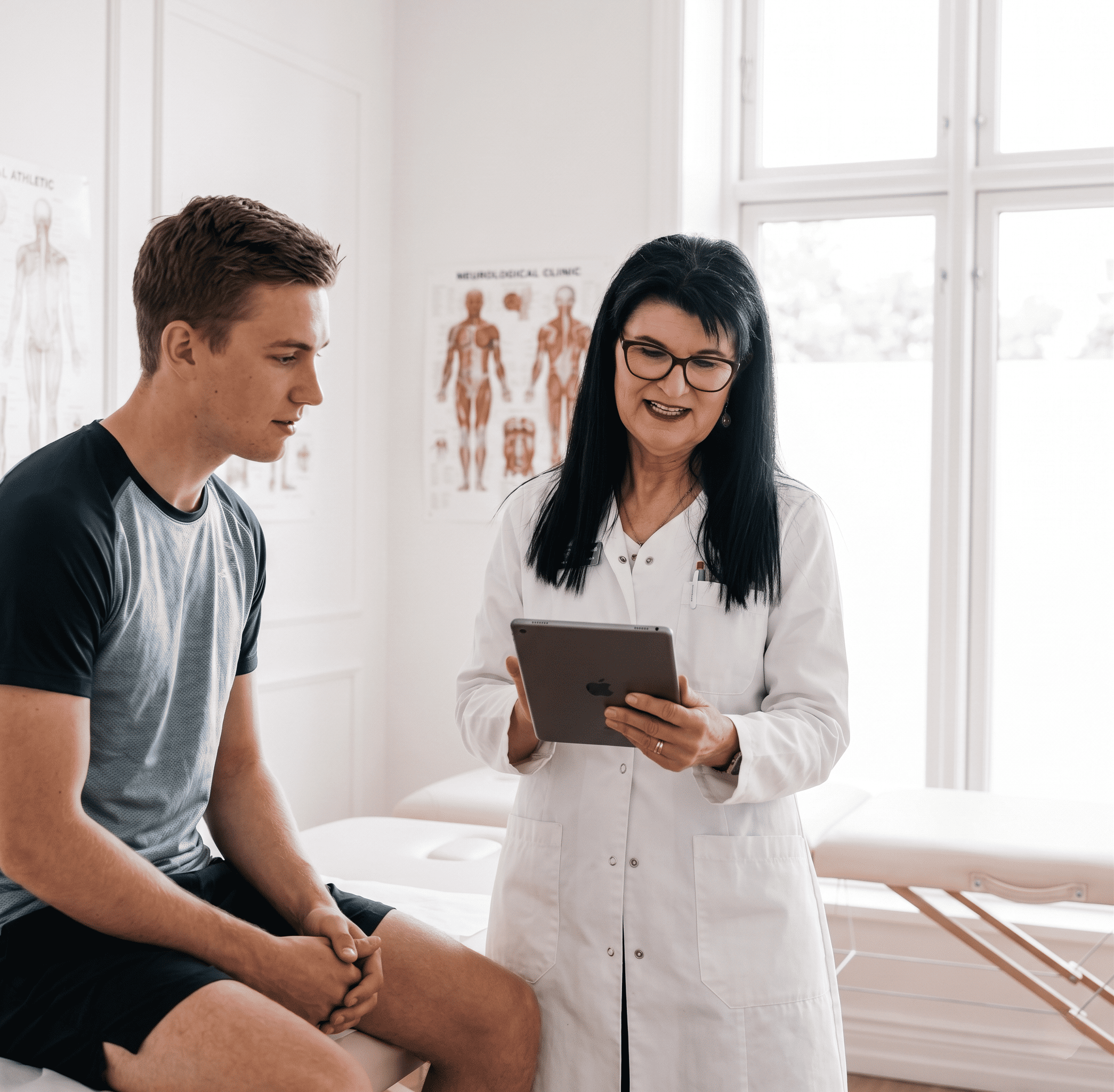 Dr. med. Sabine Ott-Oechsle erklärt einem Patienten Befunde auf einem Tablet in ihrer Privatpraxis für ganzheitliche Neurologie in Illertissen.