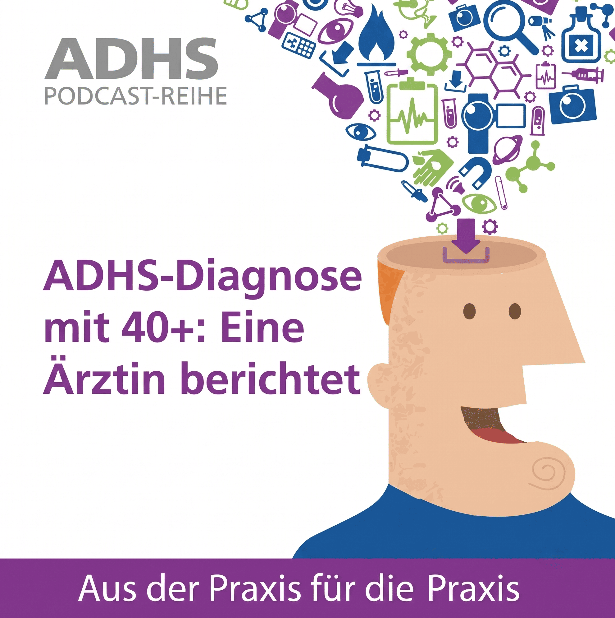 Cover-Grafik zur ADHS-Podcast-Reihe von Dr. med. Sabine Ott-Oechsle mit dem Titel: ADHS-Diagnose mit 40+: Eine Ärztin berichtet